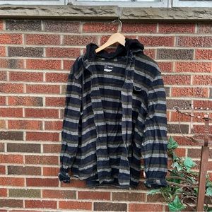 Original Use Navy Blue Green and Gray Striped Hooded Button Down Flannel Shirt